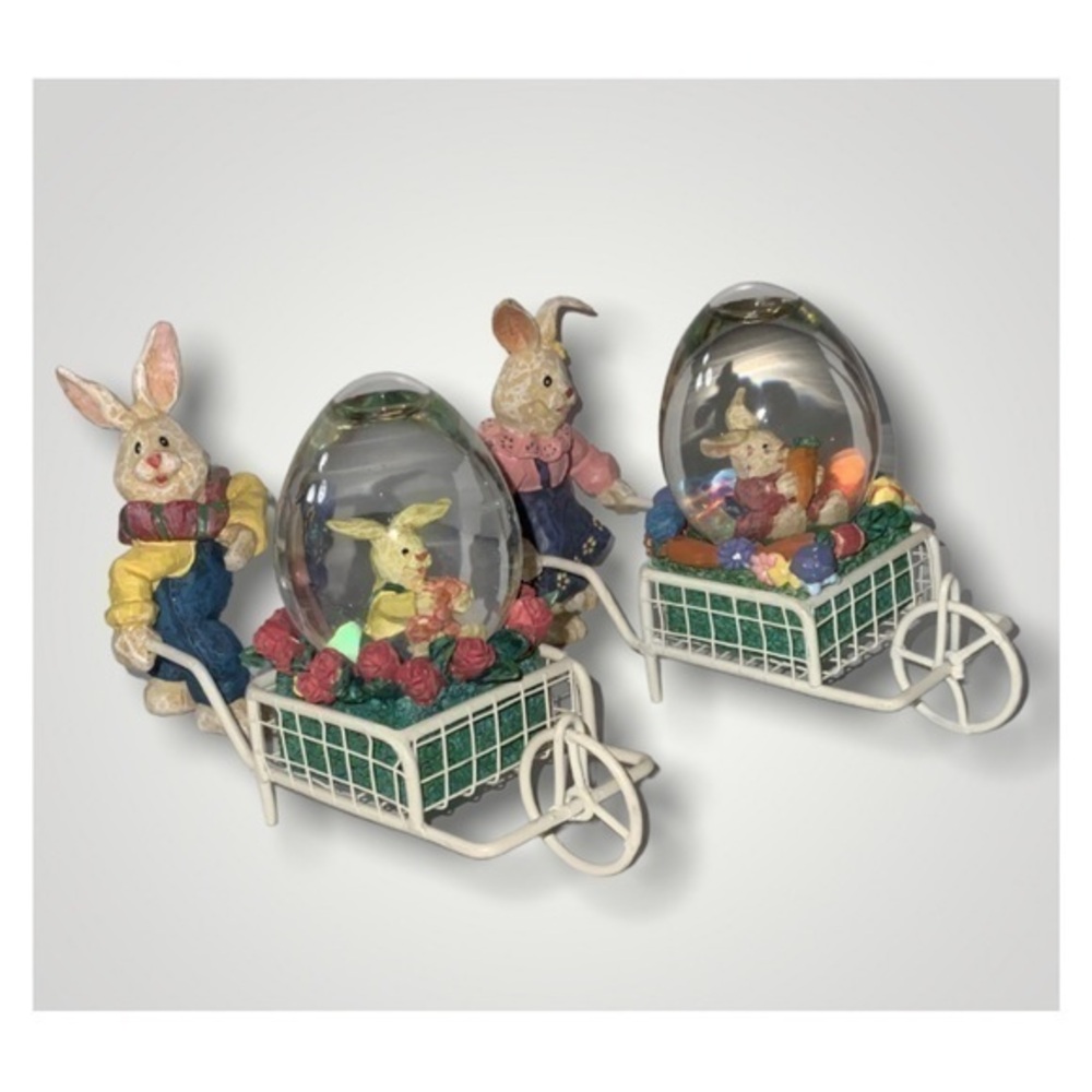 Avon 1999 Vintage Country Him & Her Easter Bunny Pushing Egg Snow Globe In Cart